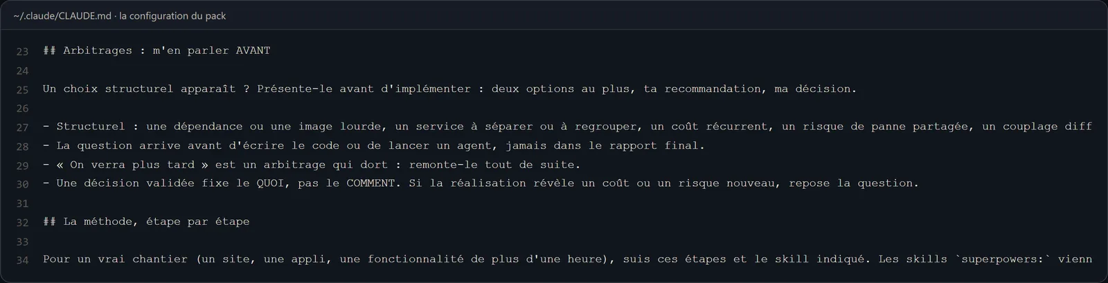 Le fichier CLAUDE.md du pack, section « Arbitrages »