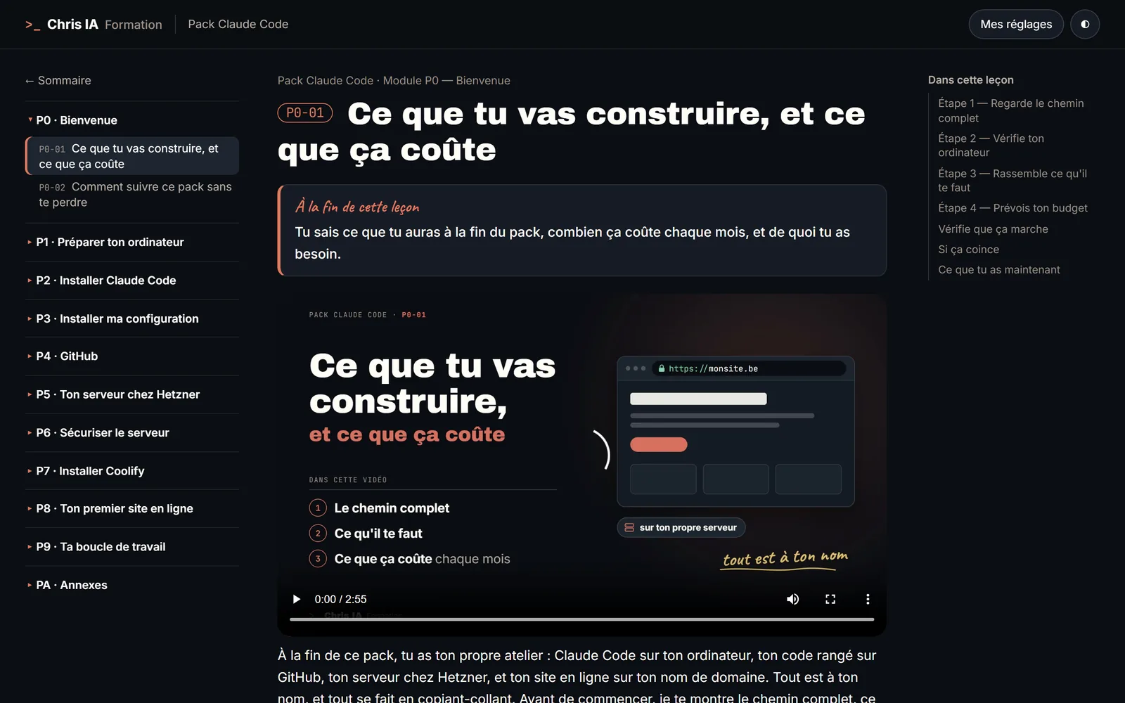 La leçon P0-01, avec sa vidéo en haut de page